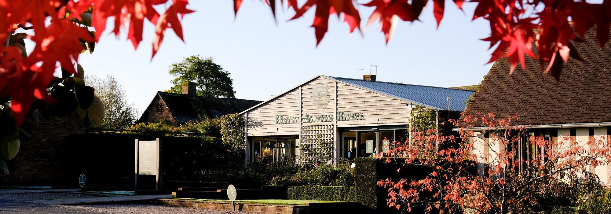 Wide shot of David Austin Plant Centre building