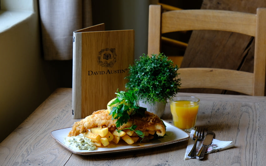 Close up of fish and chips at the David Austin restaurant