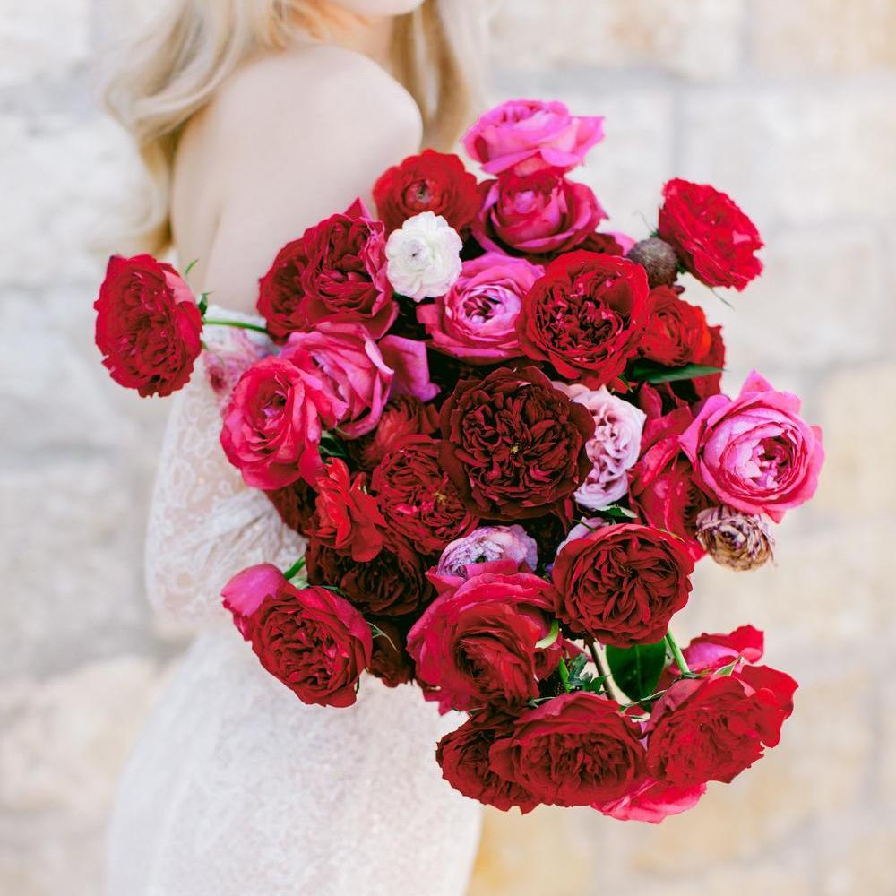A display of David Austin wedding roses as a bouquet being held by a woman